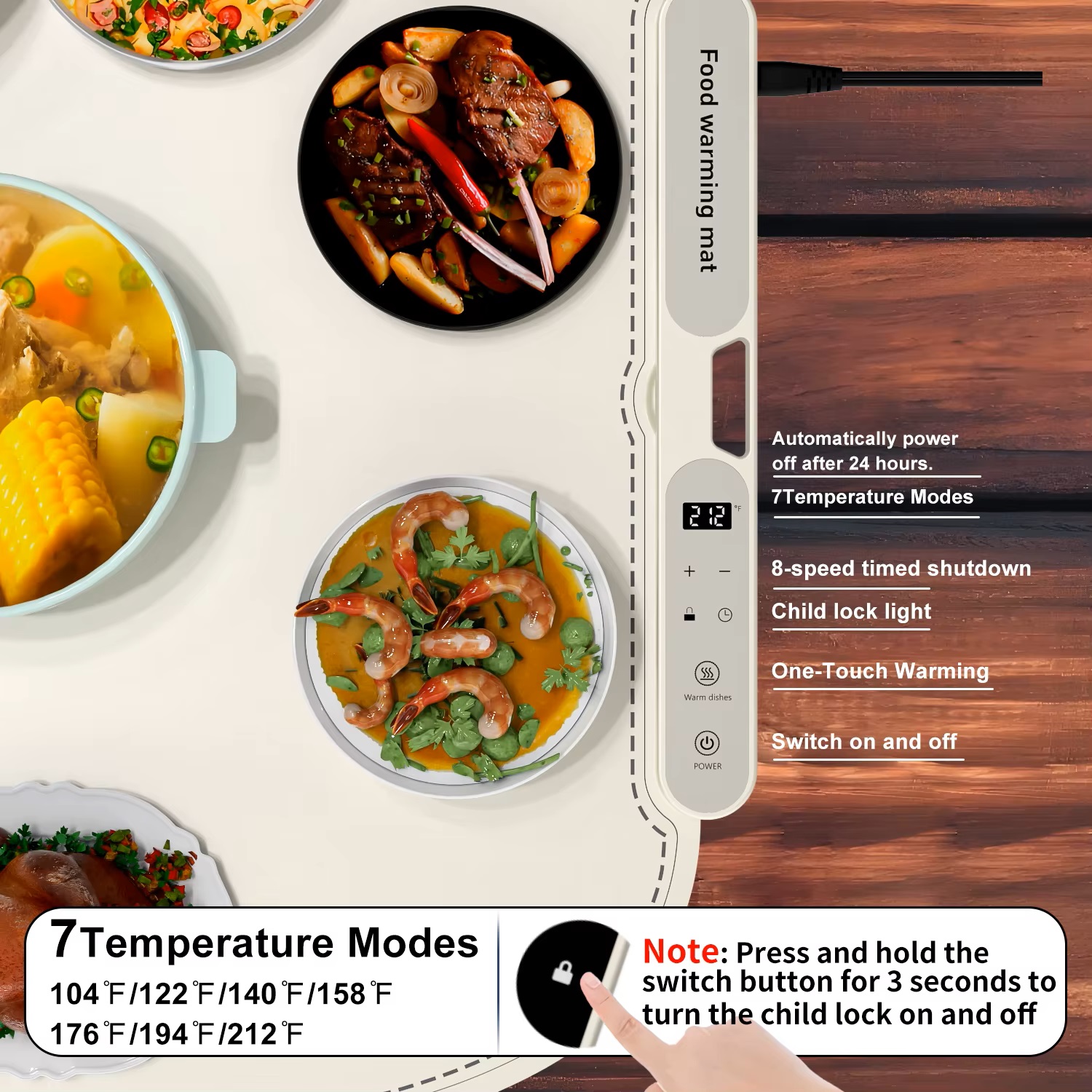 7 temperature modes, timer and child lock